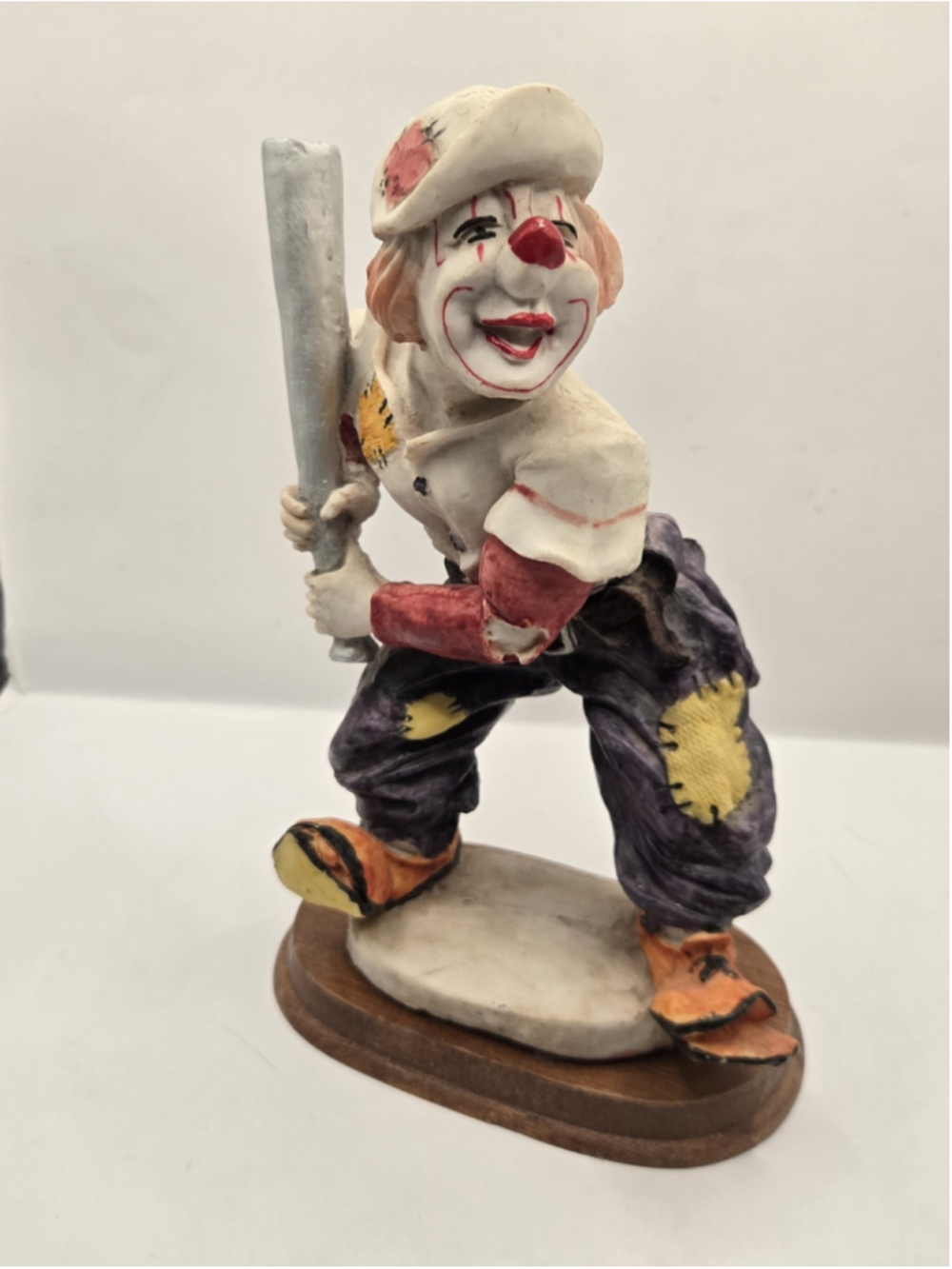 Hobo Happy Clown Playing Baseball Collectible Figurine 8"x5" Tall Ceramic